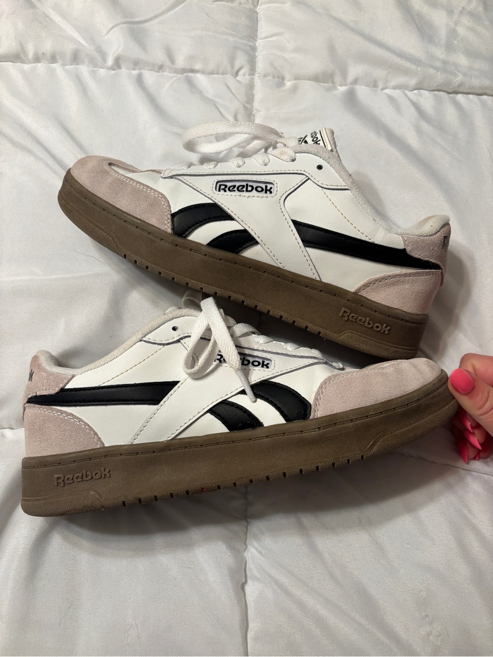 Reebok White Sneakers with Black Stripes and Brown Soles
